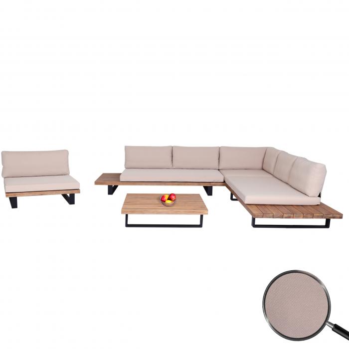 Garten-Garnitur mit Sessel HWC-H54, Lounge-Set Sofa, Spun Poly Akazie Holz MVG Aluminium ~ hellbraun, Polster beige