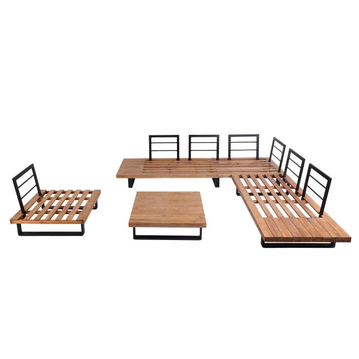Garten-Garnitur mit Sessel HWC-H54, Lounge-Set Sofa, Spun Poly Akazie Holz FSC Aluminium ~ hellbraun, Polster beige