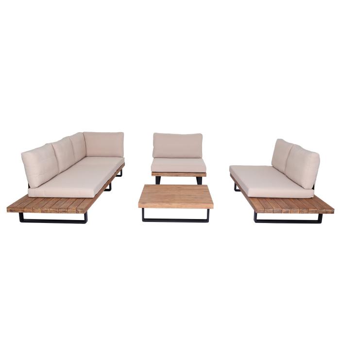 Garten-Garnitur mit Sessel HWC-H54, Lounge-Set Sofa, Spun Poly Akazie Holz MVG Aluminium ~ hellbraun, Polster beige