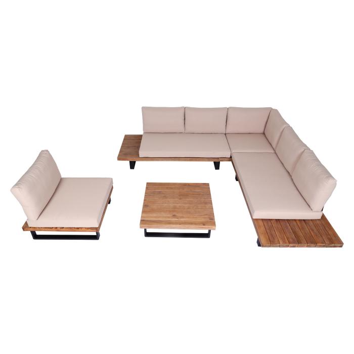 Garten-Garnitur mit Sessel HWC-H54, Lounge-Set Sofa, Spun Poly Akazie Holz MVG Aluminium ~ hellbraun, Polster beige