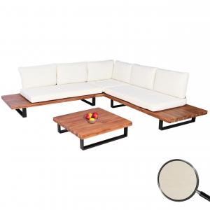 Garten-Garnitur HWC-H54, Garnitur Sitzgruppe Lounge-Set, Spun Poly Akazie Holz MVG Alu ~ braun, Polster cremeweiß