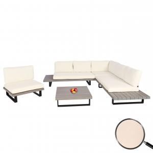 Garten-Garnitur mit Sessel HWC-H54, Lounge-Set Sofa, Spun Poly Akazie Holz MVG Aluminium ~ grau, Polster cremewei