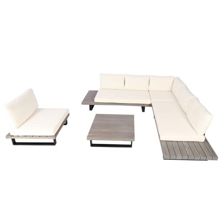 Garten-Garnitur mit Sessel HWC-H54, Lounge-Set Sofa, Spun Poly Akazie Holz MVG Aluminium ~ grau, Polster cremewei