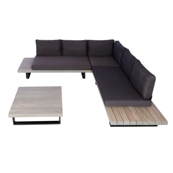 Garten-Garnitur mit Sessel HWC-H54, Lounge-Set Sofa, Spun Poly Akazie Holz MVG Aluminium ~ grau, Polster dunkelgrau