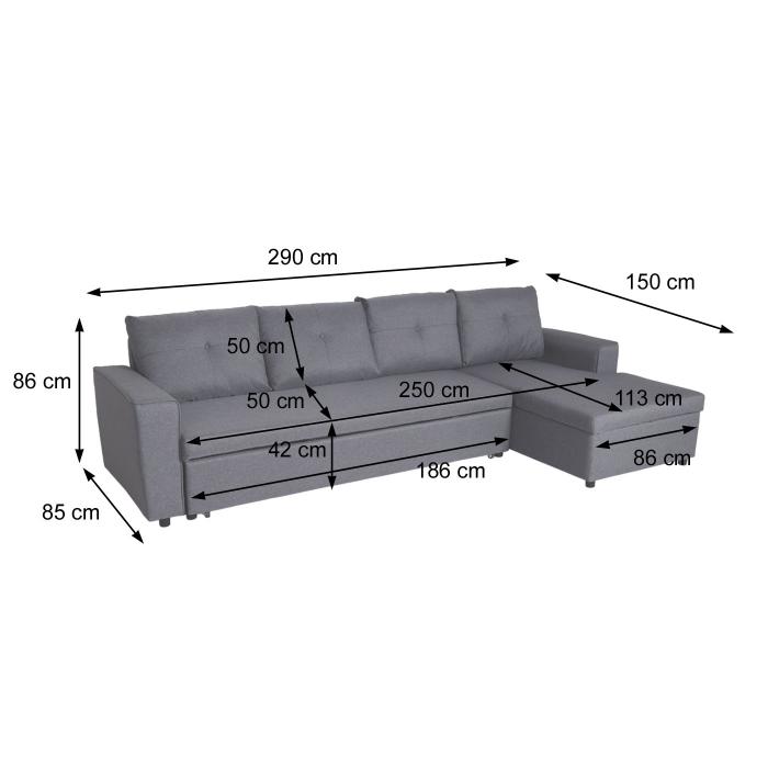 Ecksofa mit Bettkasten HWC-L16, Couch Sofa L-Form Liegeflche links/rechts Nosagfederung Stoff/Textil 290cm ~ dunkelgrau