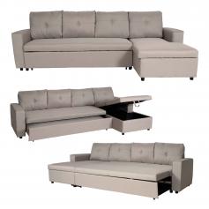 Ecksofa mit Bettkasten HWC-L16, Couch Sofa L-Form, Liegefläche links/rechts Nosagfederung Stoff/Textil 290cm ~ beige