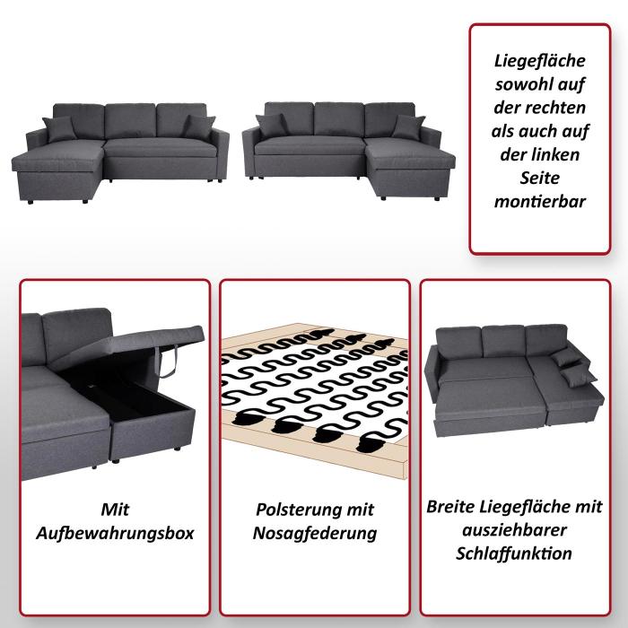 Ecksofa mit Bettkasten HWC-L17, Couch Sofa L-Form, Liegeflche Nosagfederung 228cm ~ dunkelgrau