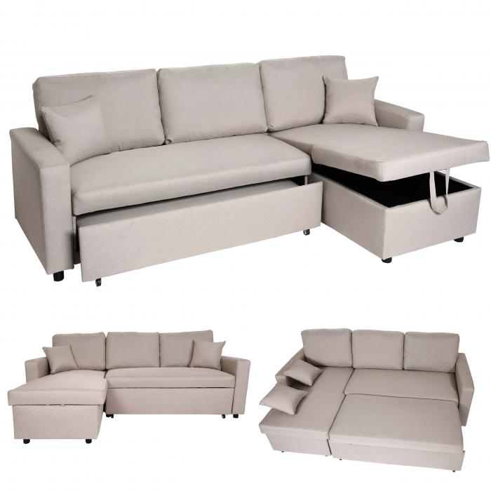 Ecksofa mit Bettkasten HWC-L17, Couch Sofa L-Form, Liegefläche Nosagfederung 228cm ~ beige