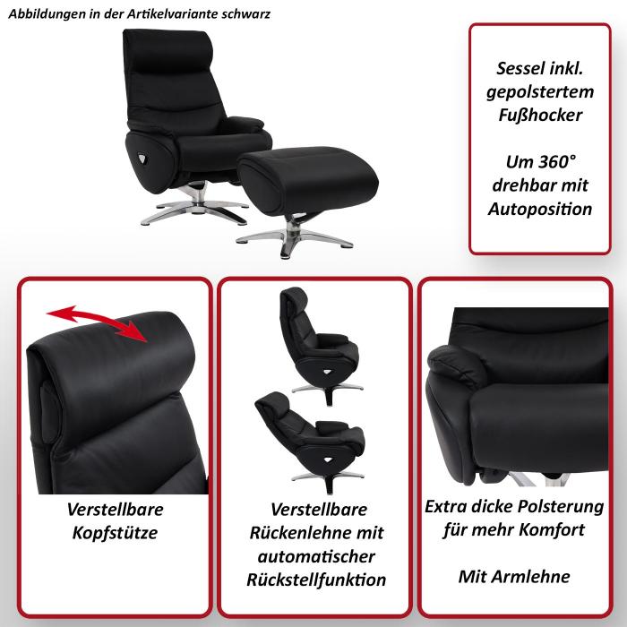 Relaxsessel mit Hocker HWC-K98, Fernsehsessel Sessel, Liegefunktion drehbar, Metall Echtleder/Kunstleder ~ creme-wei