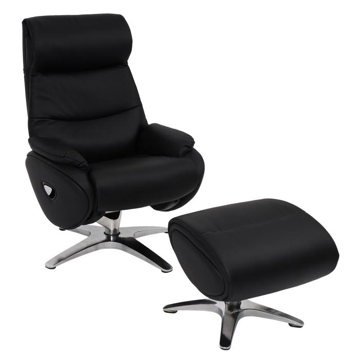 Relaxsessel mit Hocker HWC-K98, Fernsehsessel Sessel, Liegefunktion drehbar, Metall Echtleder/Kunstleder ~ schwarz