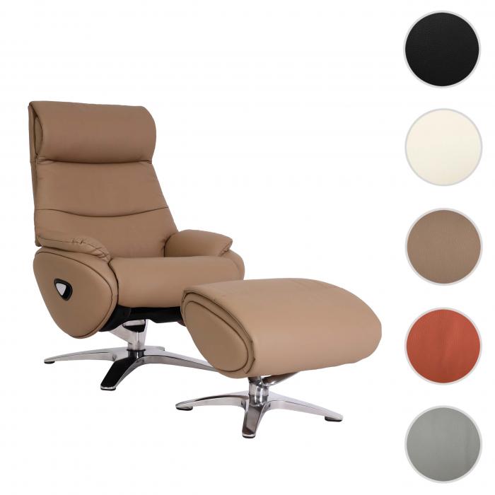 Relaxsessel mit Hocker HWC-K98, Fernsehsessel Sessel, Liegefunktion drehbar, Metall Echtleder/Kunstleder ~ taupe