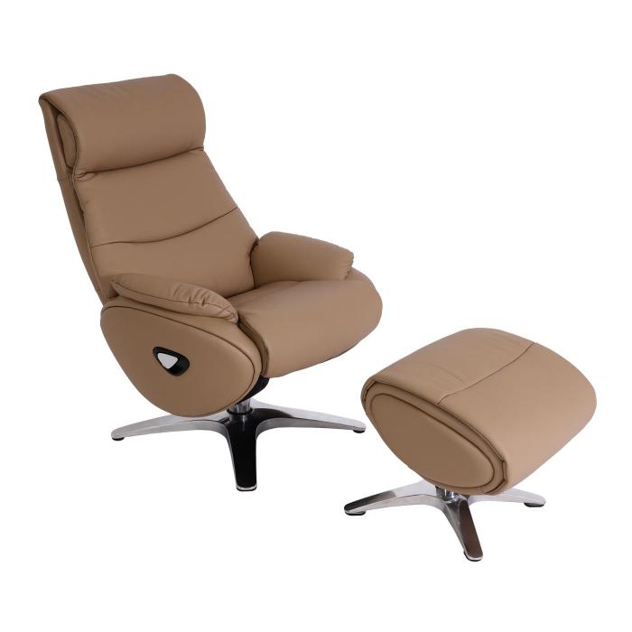 Relaxsessel mit Hocker HWC-K98, Fernsehsessel Sessel, Liegefunktion drehbar, Metall Echtleder/Kunstleder ~ taupe