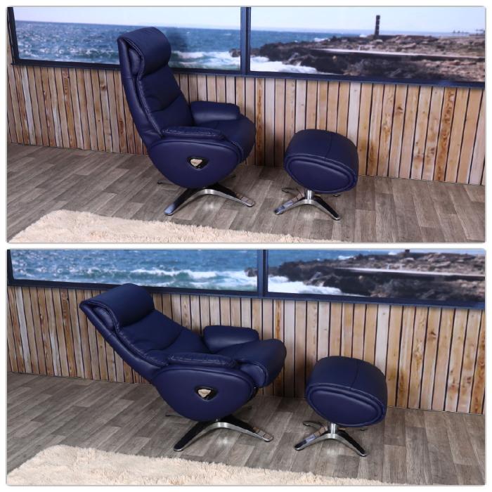 Relaxsessel mit Hocker HWC-K98, Fernsehsessel Sessel, Liegefunktion drehbar, Metall Echtleder/Kunstleder ~ blau