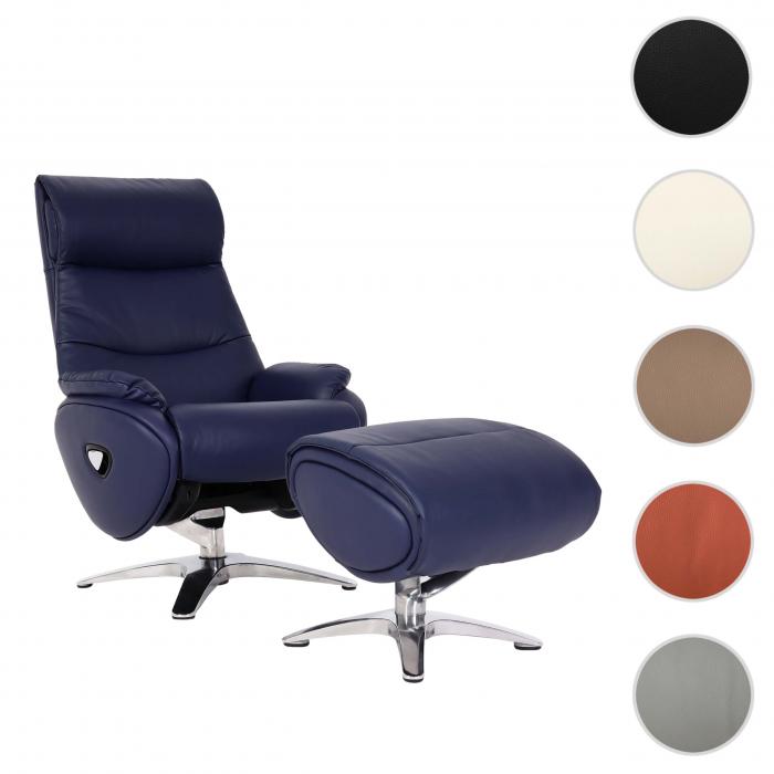 Relaxsessel mit Hocker HWC-K98, Fernsehsessel Sessel, Liegefunktion drehbar, Metall Echtleder/Kunstleder ~ blau