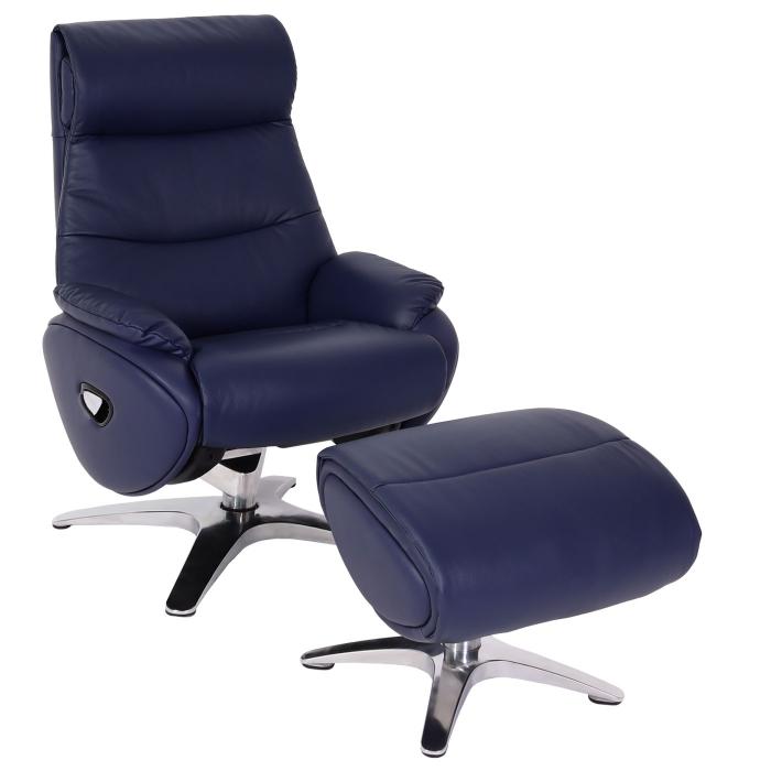 Relaxsessel mit Hocker HWC-K98, Fernsehsessel Sessel, Liegefunktion drehbar, Metall Echtleder/Kunstleder ~ blau