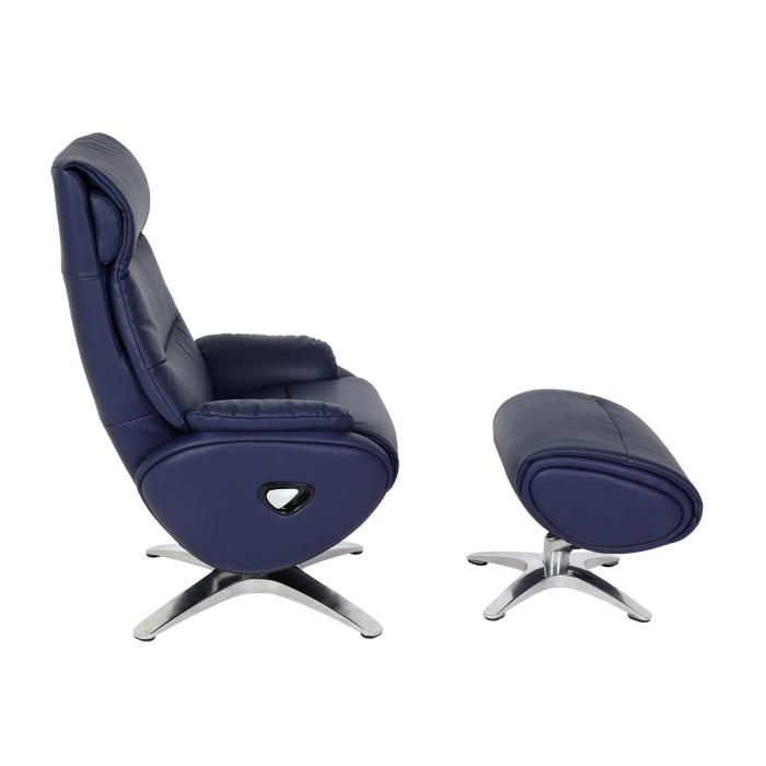 Relaxsessel mit Hocker HWC-K98, Fernsehsessel Sessel, Liegefunktion drehbar, Metall Echtleder/Kunstleder ~ blau