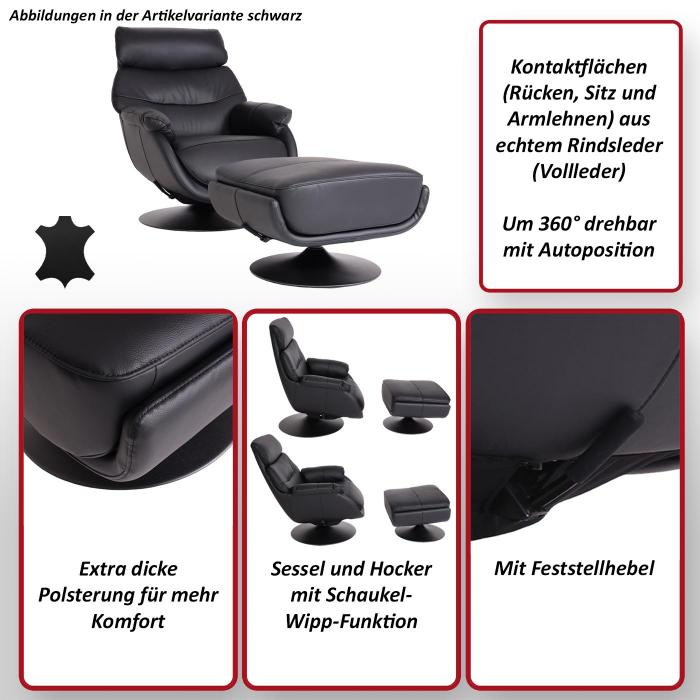 Relaxsessel mit Hocker HWC-K99, Fernsehsessel Sessel, Wippfunktion drehbar, Metall Echtleder/Kunstleder ~ creme-wei