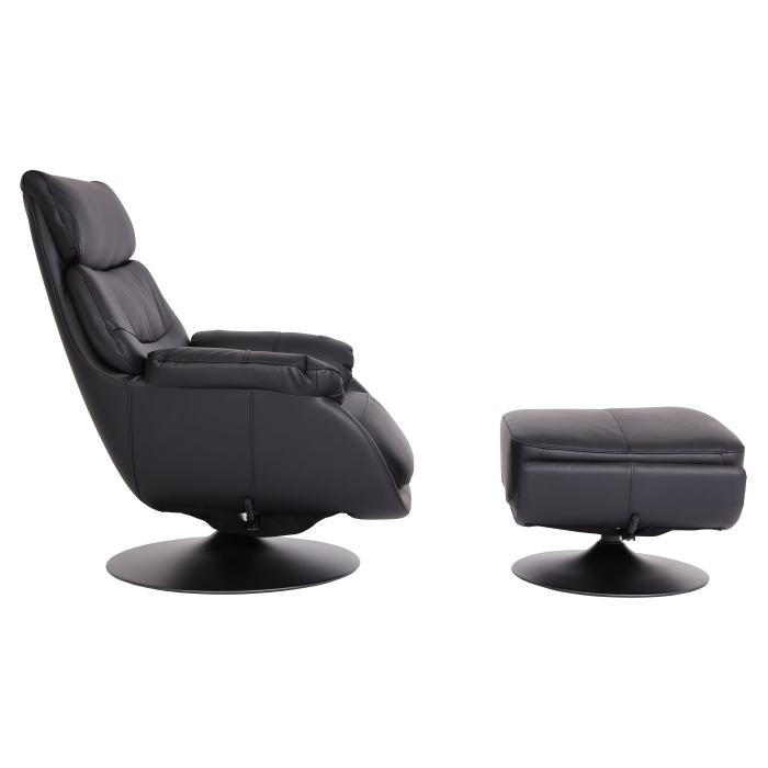 Relaxsessel mit Hocker HWC-K99, Fernsehsessel Sessel, Wippfunktion drehbar, Metall Echtleder/Kunstleder ~ schwarz