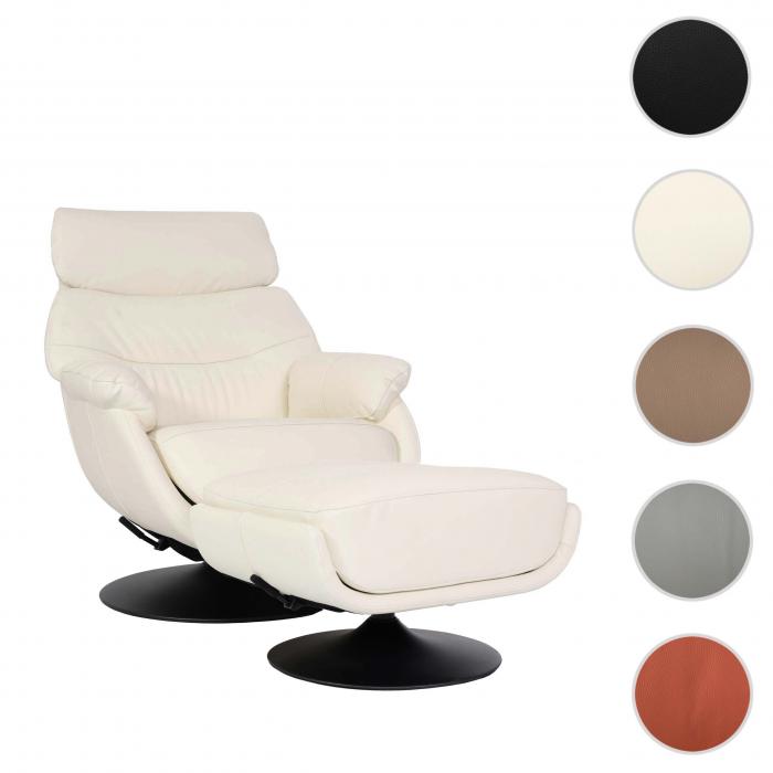 Relaxsessel mit Hocker HWC-K99, Fernsehsessel Sessel, Wippfunktion drehbar, Metall Echtleder/Kunstleder ~ creme-wei