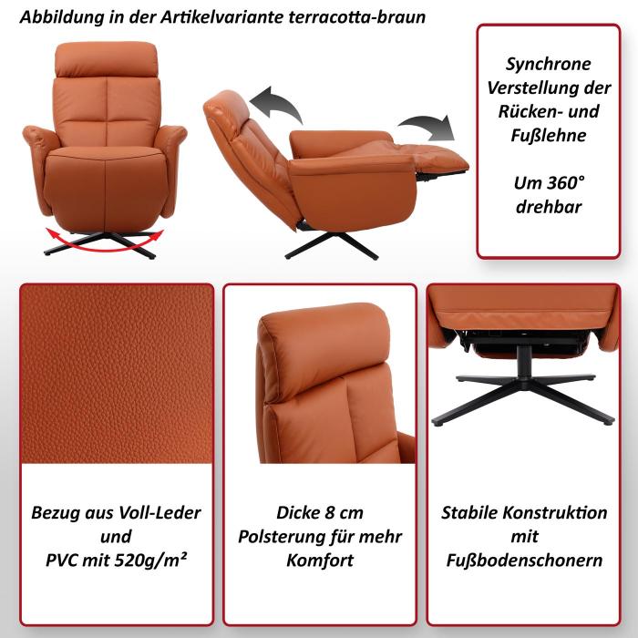 Relaxsessel HWC-L10, Design Fernsehsessel TV-Sessel Liegesessel, Liegefunktion drehbar, Voll-Leder ~ grau