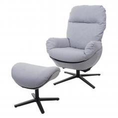 Relaxsessel + Hocker HWC-L12, Fernsehsessel Sessel Schaukelstuhl Wippfunktion, drehbar, Metall Stoff/Textil ~ hellgrau