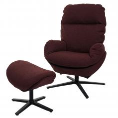 Relaxsessel + Hocker HWC-L12, Fernsehsessel Sessel Schaukelstuhl Wippfunktion, drehbar, Metall Stoff/Textil ~ bordeaux