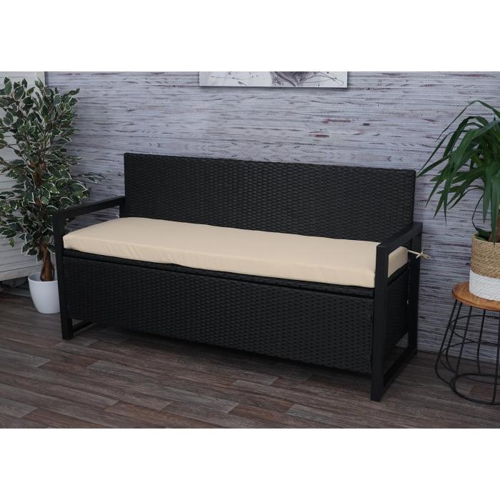 Poly-Rattan 3er Sitzbank HWC-F39, Gartenbank Truhenbank, Staufach Aufbewahrung Sitzkissen ~ anthrazit, Kissen beige