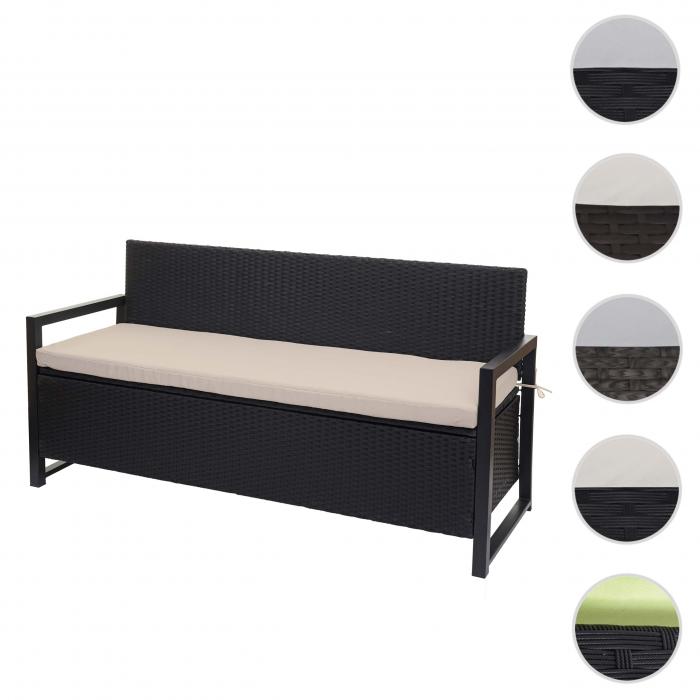 Poly-Rattan 3er Sitzbank HWC-F39, Gartenbank Truhenbank, Staufach Aufbewahrung Sitzkissen ~ anthrazit, Kissen beige