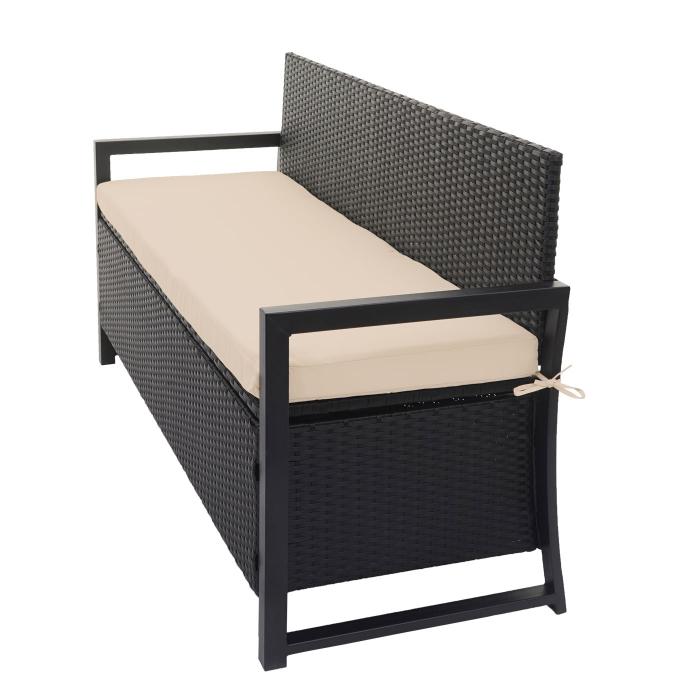 Poly-Rattan 3er Sitzbank HWC-F39, Gartenbank Truhenbank, Staufach Aufbewahrung Sitzkissen ~ anthrazit, Kissen beige