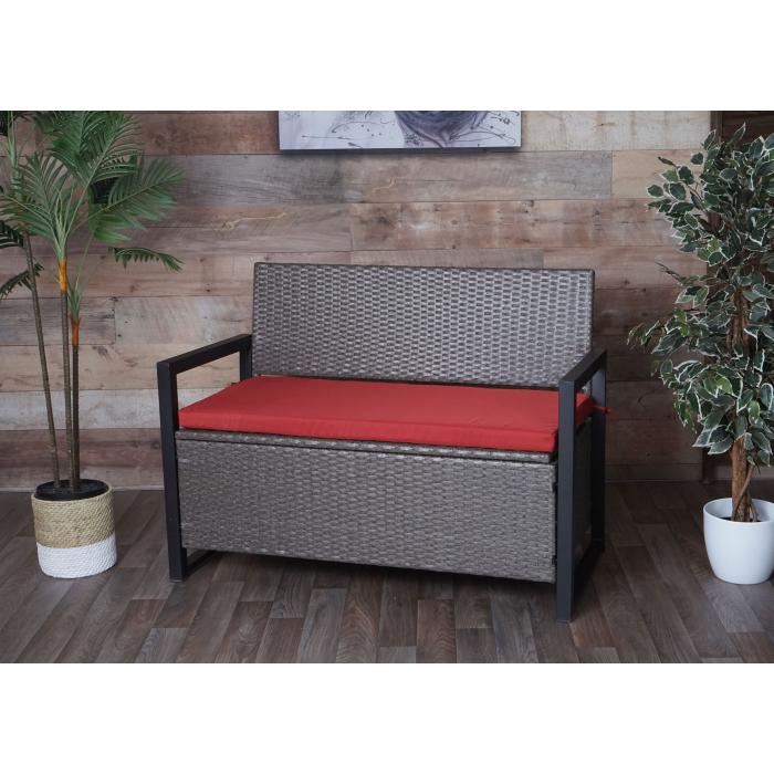 B-Ware (Ecke abgebrochen SK3) | Poly-Rattan 2er Sitzbank HWC-F39, Gartenbank, Aufbewahrung ~ grau-meliert, Kissen rot