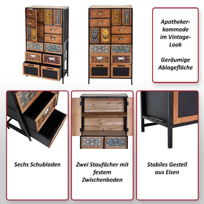 Apothekerkommode HWC-L38, Schubladenschrank Kommode Regal Schubladen, Metall Tanne Holz, Vintage Shabby-Look 120x62x33cm