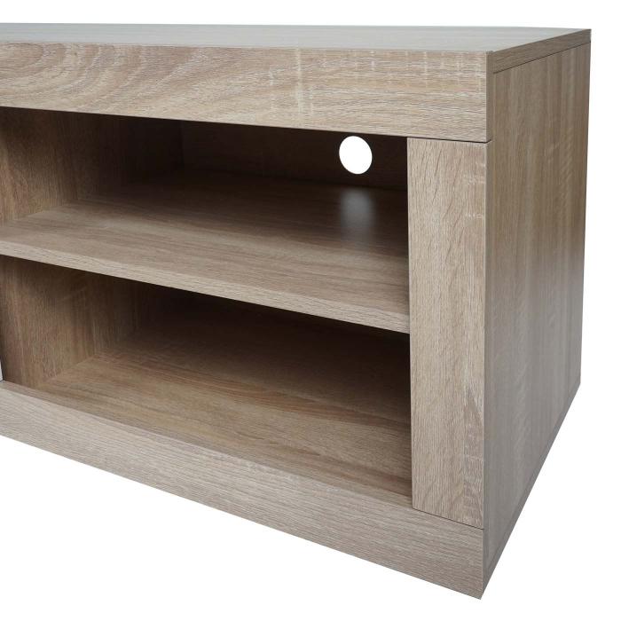 TV-Rack HWC-L33, TV-Board Fernsehtisch Lowboard TV-Schrank Kommode, Holz 43x140x41cm Staufach, Eiche-Optik, wei