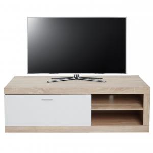 TV-Rack HWC-L33, TV-Board Fernsehtisch Lowboard TV-Schrank Kommode, Holz 43x140x41cm Staufach, Eiche-Optik, wei