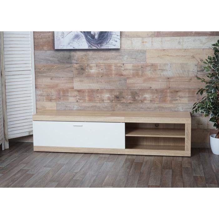 TV-Rack HWC-L33, TV-Board Fernsehtisch Lowboard TV-Schrank Kommode, Holz 43x180x41cm Staufach, Eiche-Optik, wei