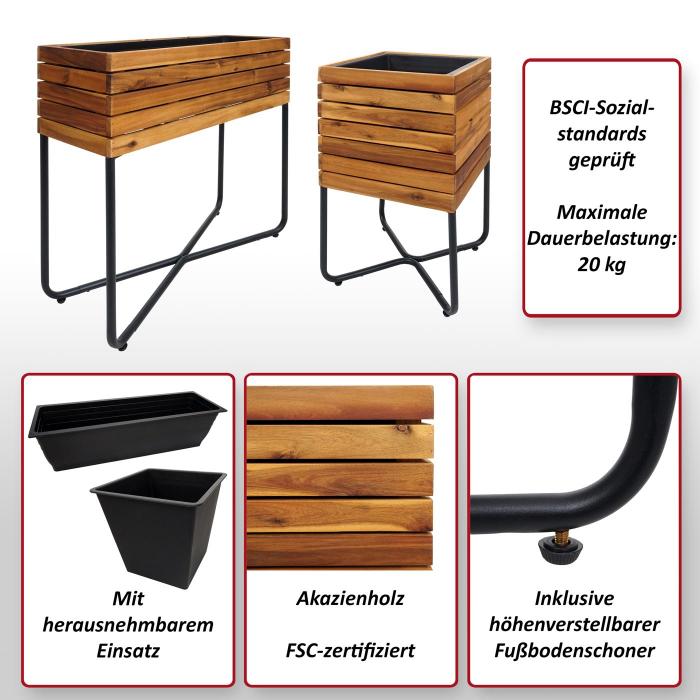 2er-Set Pflanzkasten HWC-L25, Blumenkasten, rechteckig quadratisch Outdoor Stahl Akazie Holz MVG-zertifiziert, braun