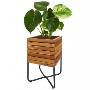 Pflanzkasten HWC-L25, Pflanzkbel Blumenkasten, quadratisch 60x33x33cm Outdoor Stahl Akazie Holz MVG-zertifiziert, braun