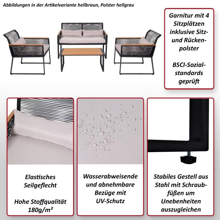 Garten-Garnitur HWC-K42, Gartenlounge Lounge-Set Sitzgruppe Sofa, Seilgeflecht Rope Holzoptik Stahl, Polster hellgrau