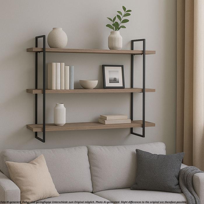 Wandregal HWC-K78, Hngeregal Schweberegal, 3 Regalbden Massiv-Holz Industrial 60x60x18cm ~ natur, Metall schwarz