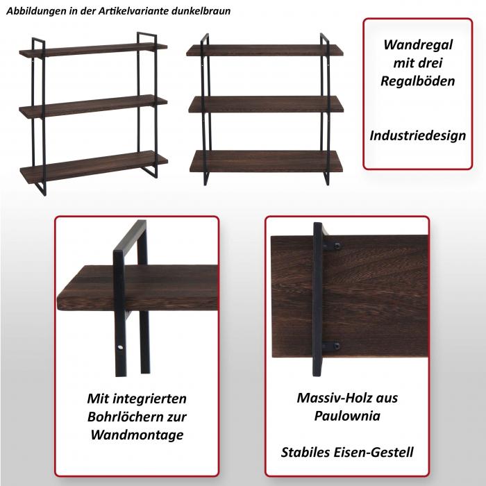 Wandregal HWC-K78, Hngeregal Schweberegal, 3 Regalbden Massiv-Holz Industrial 60x60x18cm ~ natur, Metall schwarz