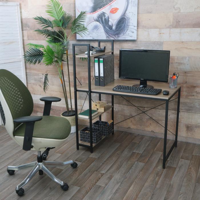 Schreibtisch mit Regal HWC-K81, Laptoptisch Brotisch Arbeitstisch, 100x60cm Metall MDF ~ grau-braun