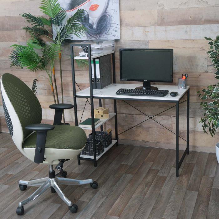Schreibtisch mit Regal HWC-K81, Laptoptisch Brotisch Arbeitstisch, 100x60cm Metall MDF ~ Marmor-Optik wei