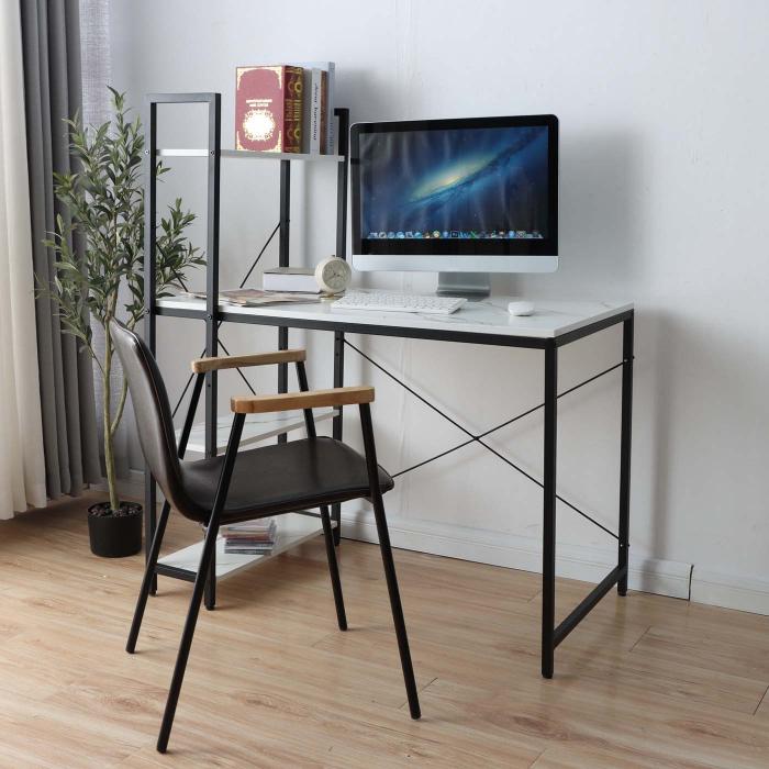 Schreibtisch mit Regal HWC-K81, Laptoptisch Brotisch Arbeitstisch, 100x60cm Metall MDF ~ Marmor-Optik wei