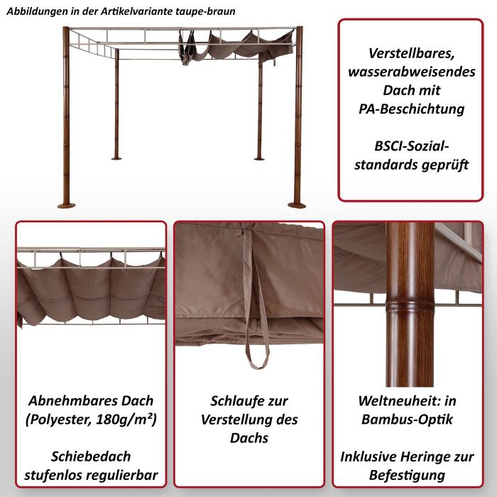 Pergola HWC-L42, Garten Pavillon Terrassenberdachung, stabiles 7cm-Metall-Gestell 3x3m Bambus-Optik ~ creme-wei