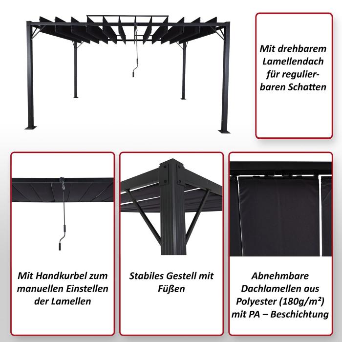 Pergola HWC-L40, Garten Lamellen-Pavillon Terrassenberdachung, 8cm-Alu-Gestell Stoff/Textil, 3x4m anthrazit