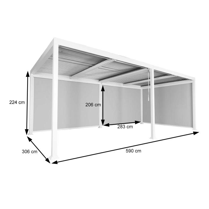 Alu Pergola HWC-L41 mit 3x Seitenwand, Lamellen-Pavillon, stabiles 8cm-Metall-Gestell 3x6m ~ wei