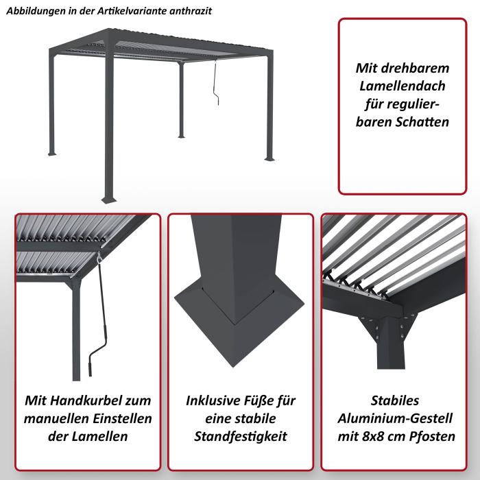 Alu Pergola HWC-L41, Lamellen-Pavillon Terrassenberdachung, stabiles 8cm-Metall-Gestell 3x3,7m ~ wei