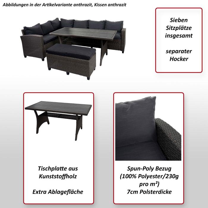 Poly Rattan Garnitur HWC-E96, Garten-/Lounge-Set Sitzgruppe, Spun Poly halbrundes Rattan ~ anthrazit, Kissen anthrazit