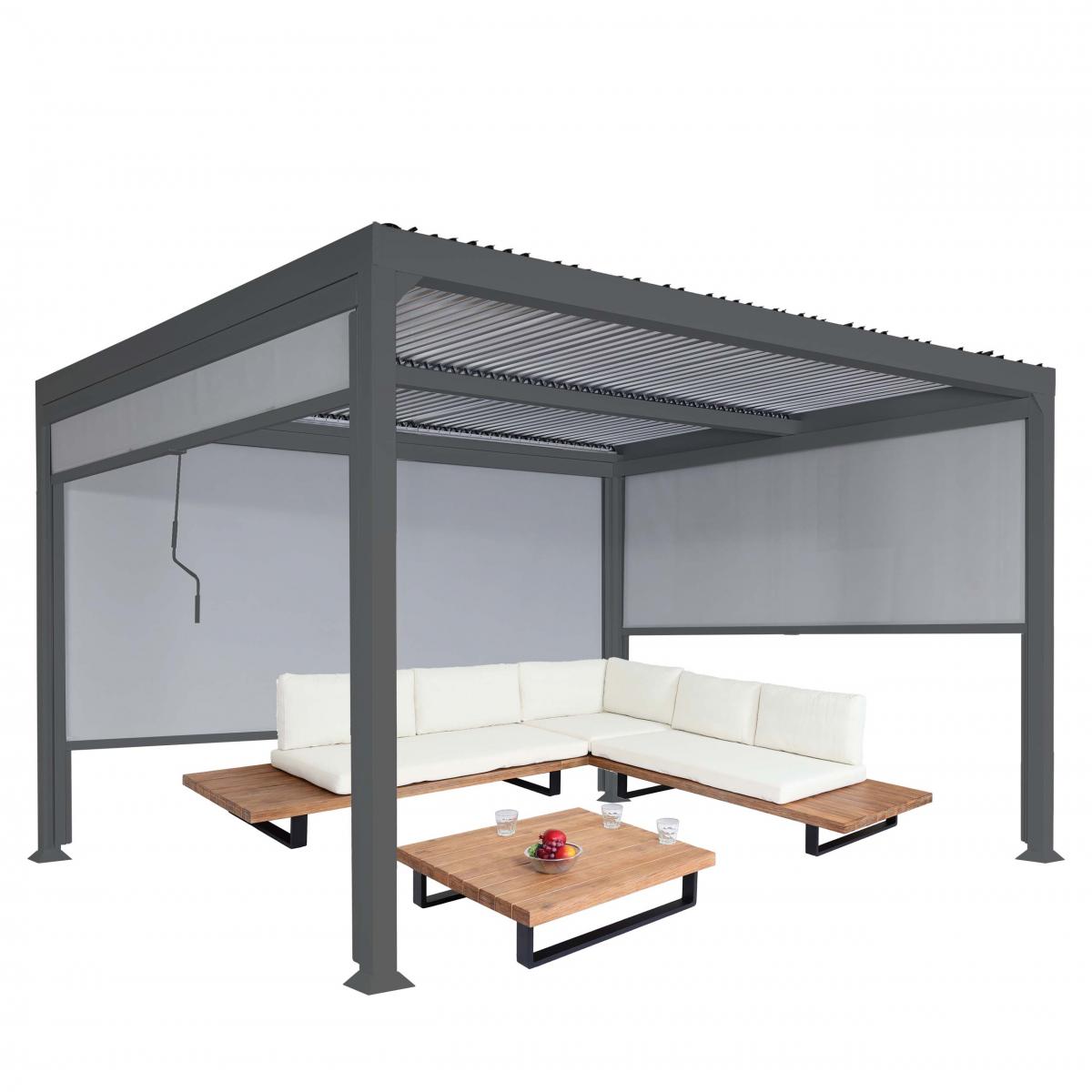 Alu Pergola HWC-L41 mit 3x Seitenwand, Lamellen-Pavillon, stabiles 8cm-Metall-Gestell 3x3,7m ~ anthrazit