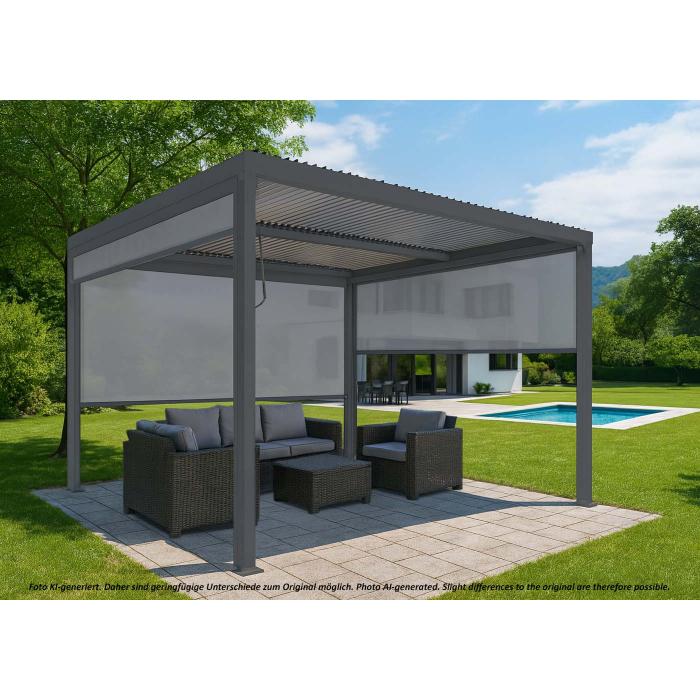 Alu Pergola HWC-L41 mit 3x Seitenwand, Lamellen-Pavillon, stabiles 8cm-Metall-Gestell 3x3,7m ~ anthrazit