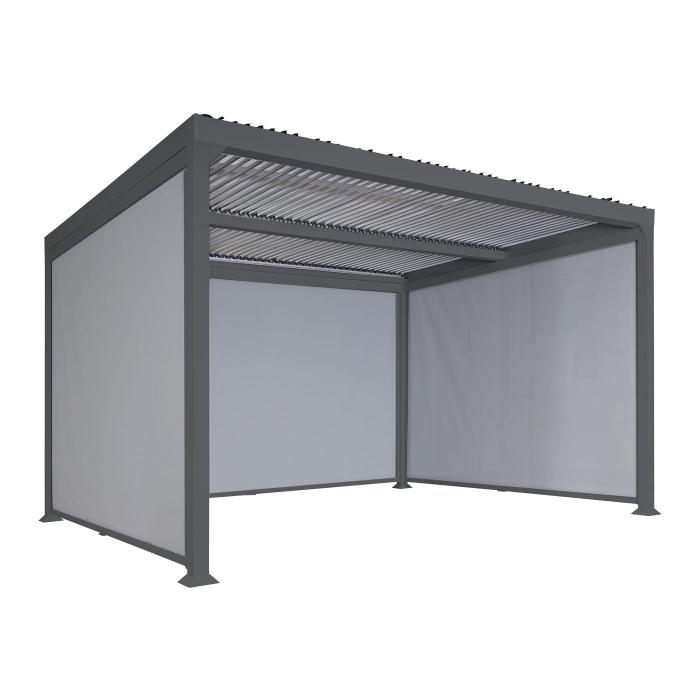 Alu Pergola HWC-L41 mit 3x Seitenwand, Lamellen-Pavillon, stabiles 8cm-Metall-Gestell 3x3,7m ~ anthrazit
